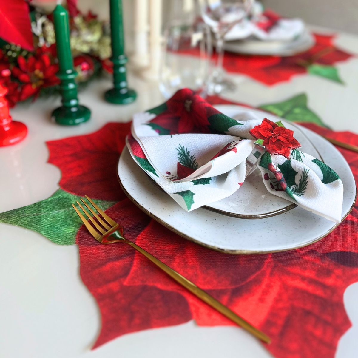 Table Set Flor Natalina- Americano Impermeável + Guardanapo - Natal Noite Feliz