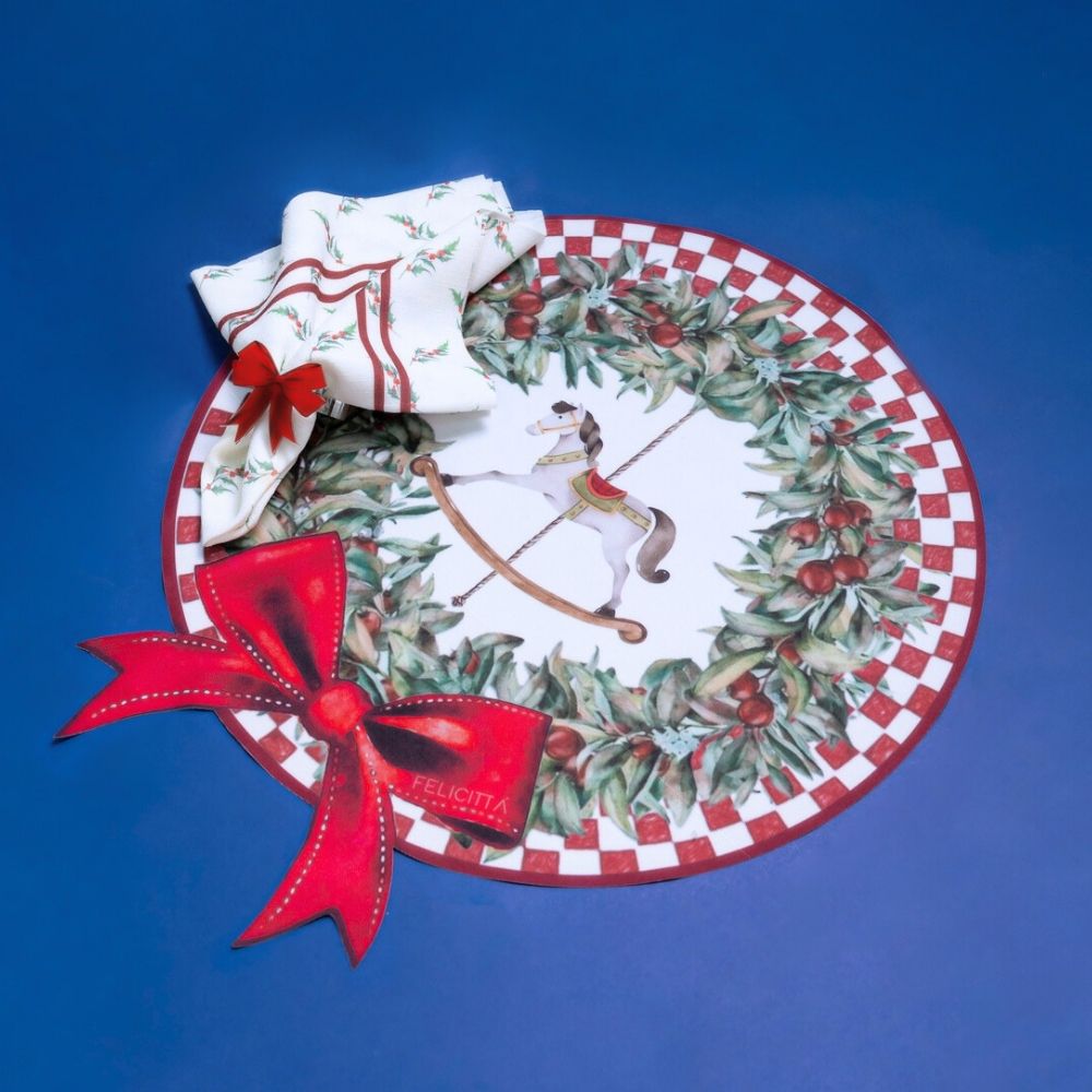 Jogo Americano Completo Carrossel Natal Americano Impermeável com Guardanapo em tecido e Porta Guardanapo acrílico - Aze