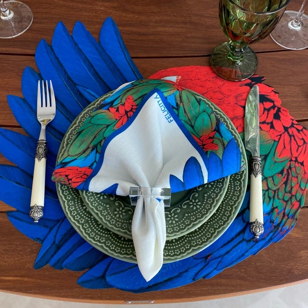 Table Set - Soraia - Americano Impermeável + Guardanapo em Linho Misto - Fauna - Arara Vermelha