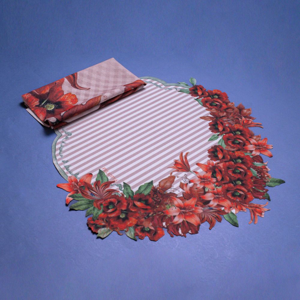 Table Set - Flores Encanto - Americano Impermeável + Guardanapo em Linho Misto