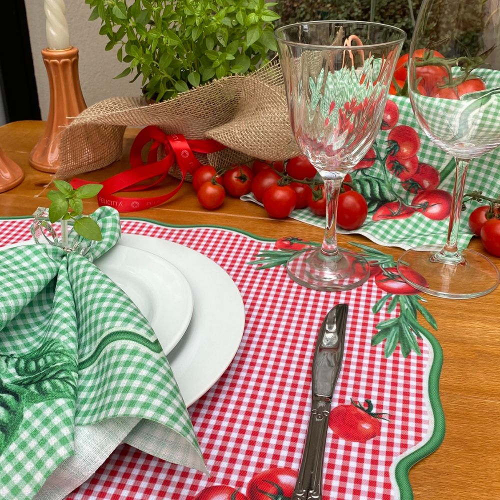 Table Set - Napoli - Americano Impermeável Retangular + Guardanapo em Linho Misto - Tomate, alecrim, manjericão, italian
