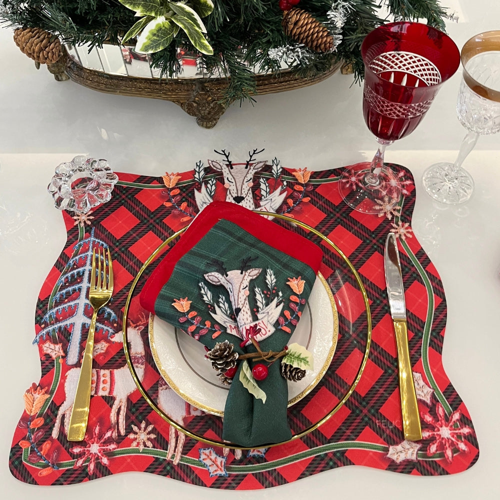 Jogo Americano Completo Escocês Natal Americano Impermeável Guardanapo em Linho misto Porta Guardanapo em acrílico